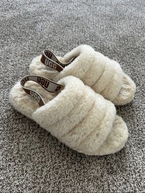 UGG Plush Shearling Slide Sandals in Cream